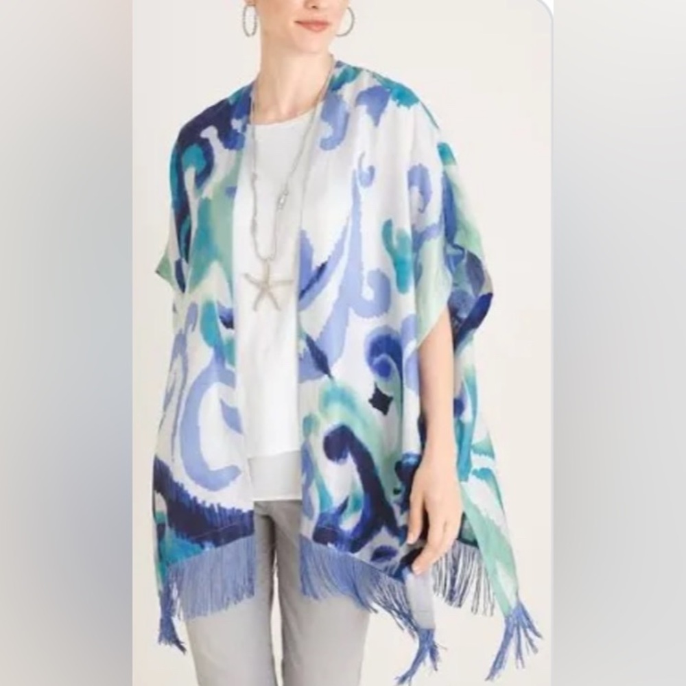Chico’s Whimsical Scroll Ruana Blue and Green Kimono 100% Silk one size NWT